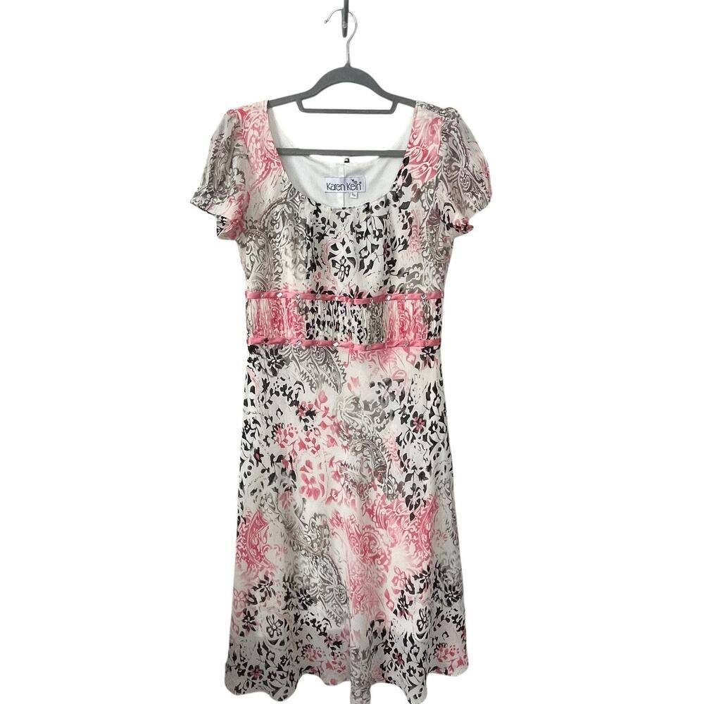 Karen Kein Midi Dress Sz 9 / 30 Romantic Crinkled Chiffon Embellished Pink Gray